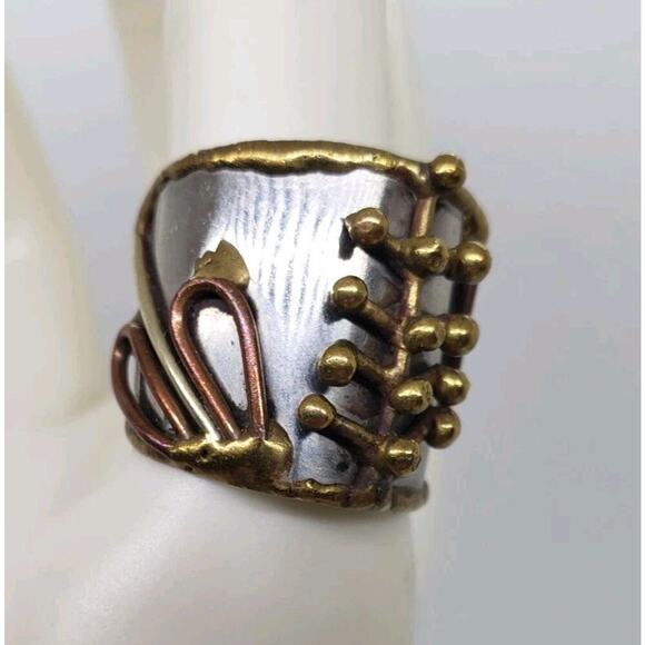 Mixed Metal Ring Brutalist MCM Chunky Cuff Adjustable 3D Biker Large Size Artist - Picture 4 of 14